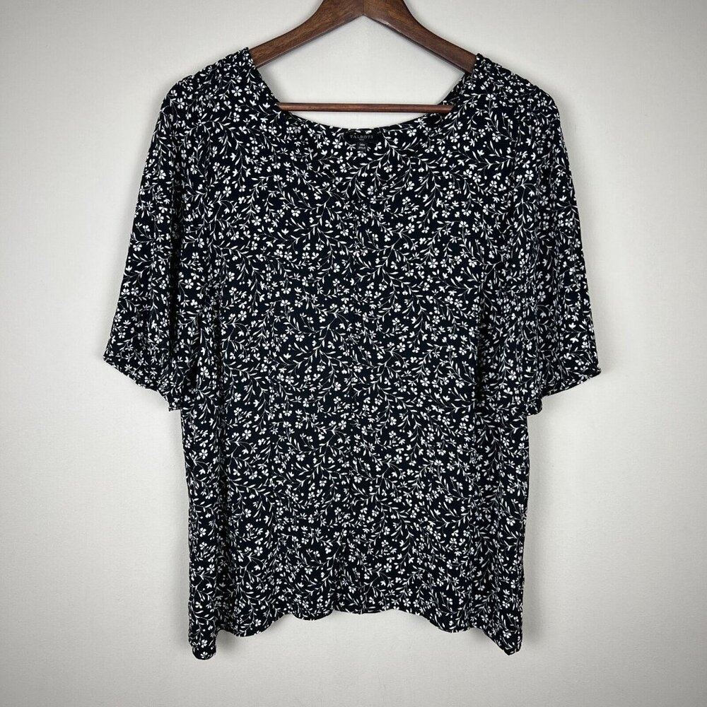 Talbots Blouse Top Womens 14W Black White Floral Short Sleeve Button‎ Up Sheer